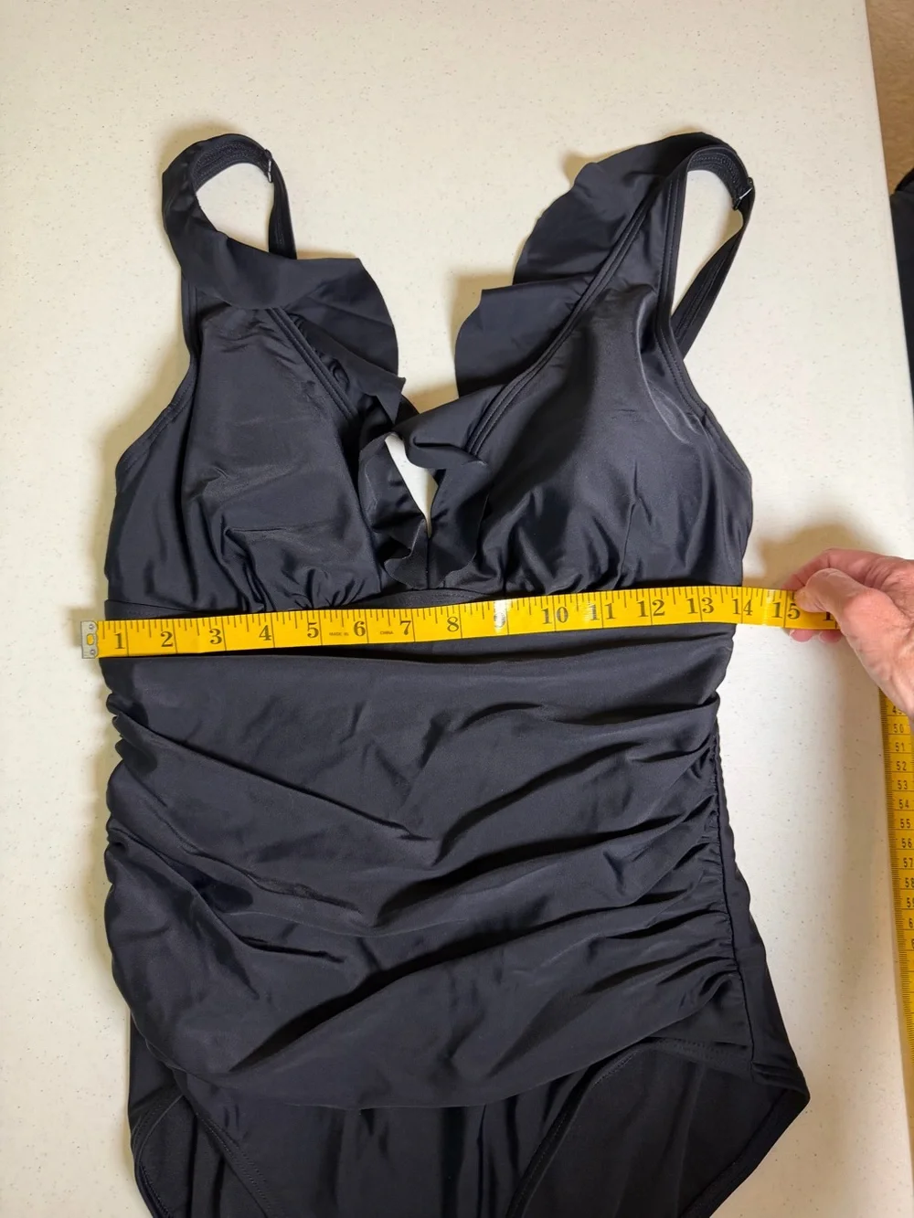 DKNY Black Ruffle One Piece Swimsuit Ruched Tummy Control Size 10 - Picture 11 of 12